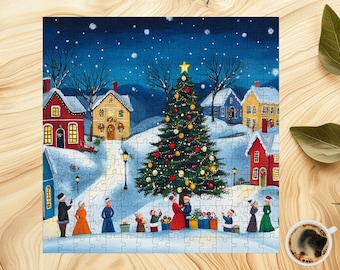 May include: A snowy winter village scene with a large decorated Christmas tree in the center. The houses are painted in red, yellow, and blue with white trim. There are people gathered around the tree, some holding gifts. The sky is dark blue with white stars.