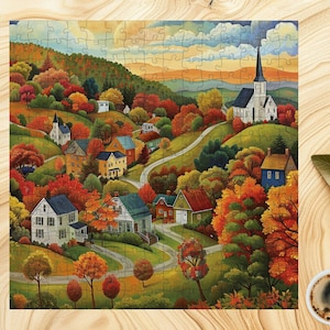 Autumn Village Landscape Jigsaw Puzzle: Cottagecore Town Scene