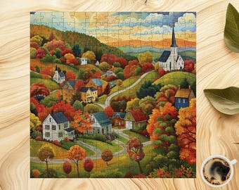 May include: A colorful illustration of a small town nestled in a valley with a white church at the top of a hill. The town is surrounded by trees with fall foliage in shades of red, orange, yellow, and green.