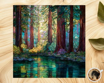May include: A colourful stained-glass style image of a forest scene. Tall, brown tree trunks rise from the water's edge, with green and yellow foliage. The water reflects the trees and sky, creating a vibrant, artistic landscape.