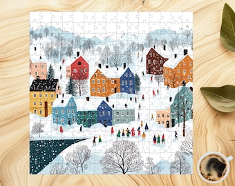 Verschneites schwedisches Dorf Puzzle: Winter-Volkskunst-Szene 1000+ Teile