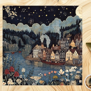 William Morris Nordic Waterways Tale Jigsaw Puzzle - 1000+ Pieces Whimsical River Fantasy Norwegian Folk Art Village Scene