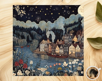 May include: A whimsical illustration of a village nestled in a forest under a starry night sky. The village is lit by a full moon and features a variety of buildings, including a church, a tavern, and a few houses. The scene is filled with lush greenery and flowers, creating a magical and enchanting atmosphere.
