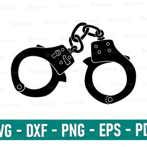 May include: Black and white silhouette of a pair of handcuffs with a chain connecting them.