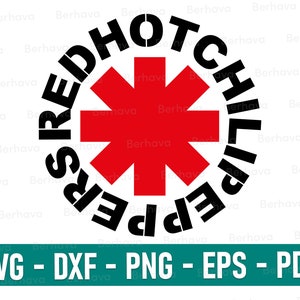 Puede incluir: Logotipo de Red Hot Chili Peppers con una estrella roja en el centro y el nombre de la banda en un círculo alrededor de la estrella. El texto es negro y el fondo es blanco.