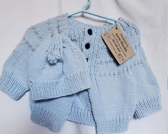 Knit Baby cardigan long sleeve sweater with hat fits 6 months in a baby blue color