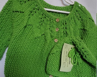 Knit Baby Long sleeve Cardigan sweater with hat fits 9 months in a lime green  color