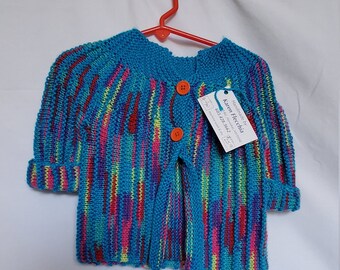 Suéter Cardigan de manga larga Knit Baby se adapta a los 9-12 meses en azul brillante y colores abigarrados