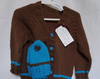 Knit Baby Long sleeve Cardigan sweater and hat fits 18-24 months in dark brown with a bright blue
