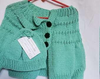 Knit Baby cardigan long sleeve sweater with hat fits 12 months in a mint green color