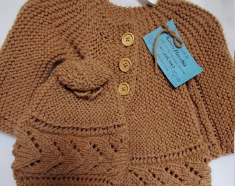Knit Baby Long sleeve Cardigan sweater with hat fits 9 months in a light brown color