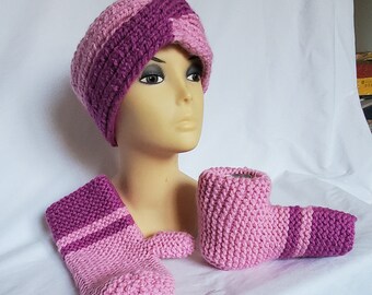 Unisex Knit 3-piece set Beer Mittens and Turbin Set, Pink Beer Mittens Fits Either Hand, Drinking Gloves M/L