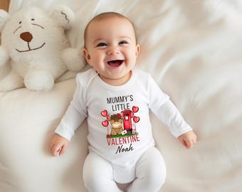 First Valentine's Day Baby Sleepsuit, Personalised Highland Cow Babygrow Romper, Mummy's Daddy's Little Valentine, Cute Valentine Bib Gift