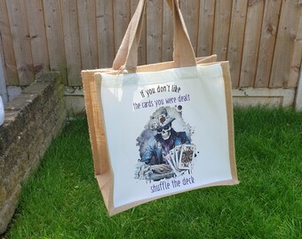 Skeleton Poker Player, Personalised Jute Bag Medium with Fabric Pocket, Lunch Bag, Teacher Nurse Work Bag Office Gift, Stocking Filler