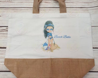 Große Tragetasche Beach Babe Tasche, Große Shopper, Uni, personalisierte Jute-Einkaufstasche, Große Buchtasche, Individuell bedruckte Tasche, Urlaubstasche