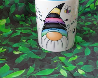 Bee Happy Gnome Gonk Mug, Rainbow Bee Design, Personalised Teacher Gifts, Ceramic Coffee Mug, Gifts for Her Him, Stocking Filler
