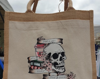 Coffee & Books Skull Jute Gift Bag, Teacher Gift, Lined Lunch Bag, Nurse Work Bag, Office Gift
