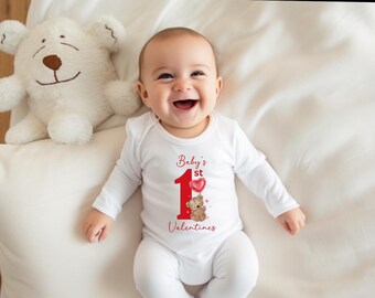 First Valentine's Day Baby Sleepsuit Romper, Personalised Bear Babygrow, Mummy's Daddy's Little Valentine, Cute Baby Valentine Bib Gift