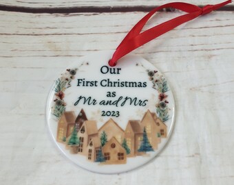 Personalised Our First Christmas as Mr and Mrs 2023 Tree Decoration, Keepsake Bauble Gift, Ceramic Ornament, Christmas Decoration