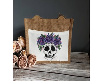 Personalised Skull Jute Gift Bag / Jute Bag Small with Fabric Pocket / Lunch Bag / Teacher Nurse Work Bag Office Gift