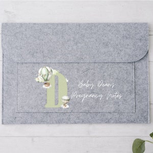 May include: Grey felt notebook cover with a white embroidered design of a hot air balloon and the letter D. The text "Baby Dean's Pregnancy Notes" is also embroidered in white.