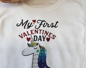 My First Valentines Day Baby Bib with Unicorn Detail, Funny Themed Gifts, Girls Unicorn Bib, Gifts for Her