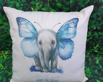 Elephant Cushion, Blue Butterfly Elephant Pillow, Gift For Her, Gift for Him, Keepsake Cushion, Elephant Lover, Custom Made, Stocking Filler