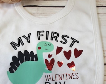 My First Valentines Day Baby Bib with Dinosaur Detail, Funny Themed Gifts, Gifts For Him Her