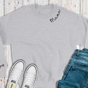 Mama Embroidered Neckline Sweatshirt, Kid Name on sleeve, Name on Neckline, Mothers Day Gift, Baby Announcement