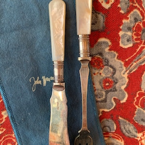 1920&#39;s England Antique Nacre Handled Sterling Fish Course Knife & Fork