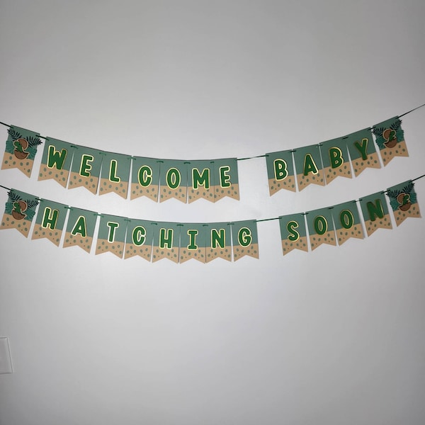 Dinosaur Baby Shower Banner, Welcome Baby, Hatching Soon, Baby Shower Decorations, Dinosaur Themed Shower, Custom Party Decor