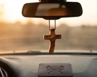 Handcrafted Hardwood Rear View Mirror Cross | Christian Faith Car Decor