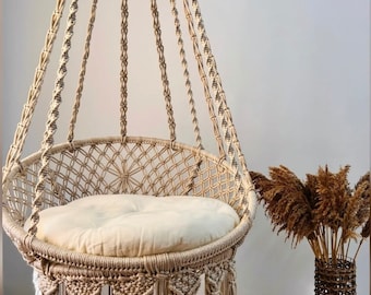 Beige Cream Macrame Hammock Swing,Children’s Room Swing,Indoor Bedroom Swing,Sitting Hammock, Baby Swing Chair, Handmade Wedding Decor