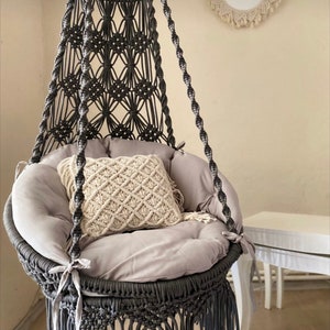 Macrame Hammock Swing Chair Grey, Macrame Swing, Macrame Round Swing, Hanging Cotto Macrame Hammock Chair, Indoor Swing Chair,Handmade swing