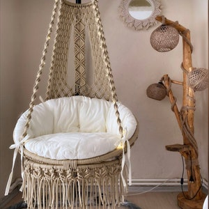 Beige Macrame Hammock Swing, Handmade Swing Chair, Indoor and outdoor Hammock, Boho Bedroom Decor, Handcrafted swing, handwoven cotton