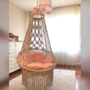 Cream Macrame Swing- Macrame Hammock Chair- Garden Decor Indoor Hammock- Balcony Swing Chair-Indoor Swing Chair-Boho Children’s Room Decor