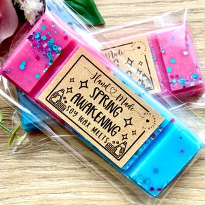 May include: Soy wax melts in clear packaging. The melts are pink and blue, with glitter accents. The label reads "Hand Made Spring Awakening Soy Wax Melts."