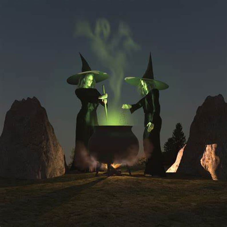 May include: Two witches in black robes and pointed hats stir a cauldron with a green potion. The cauldron is over a fire and smoke is rising from it. The witches are in a dark forest setting.