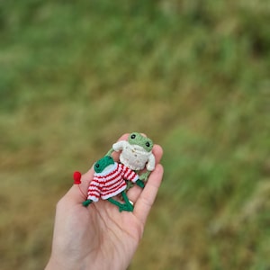 May include: Two small, handmade crochet frogs. One frog wears a red and white striped sweater and holds a red balloon. The other frog is wearing a white sweater. Both frogs are green and white. The background is blurred green.