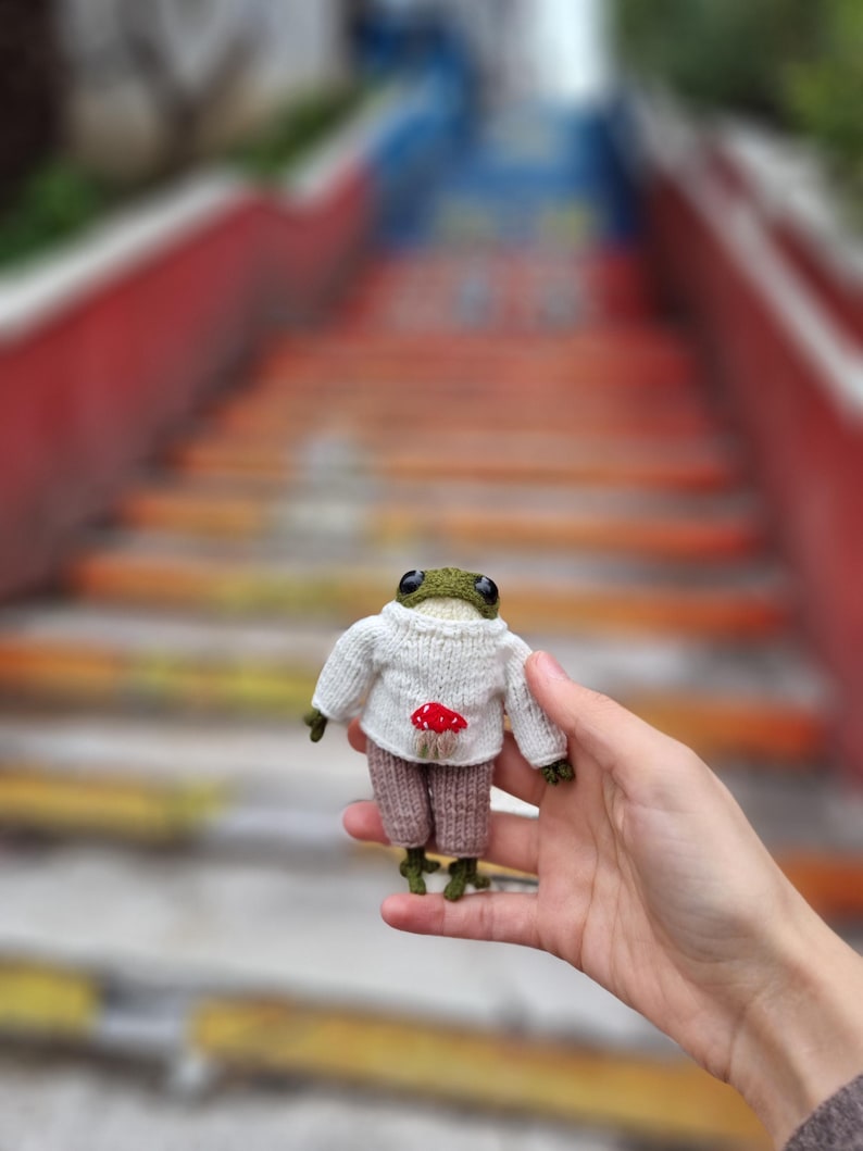 May include: A small knitted frog wearing a white sweater with a red mushroom design and brown pants. The frog is being held in a hand.