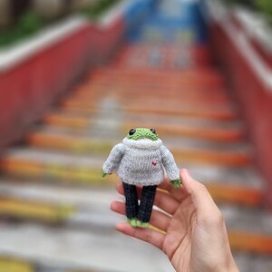 May include: A small green frog wearing a gray sweater with a red heart and black pants. The frog is being held in a person's hand.