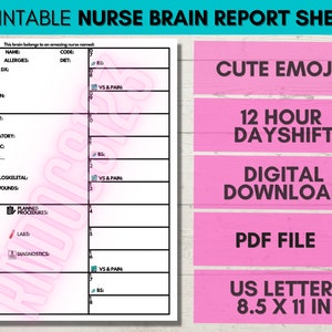 MedSurg Nurse Brain Report Sheet 12 Hourly Day Shift + Cute Emojis