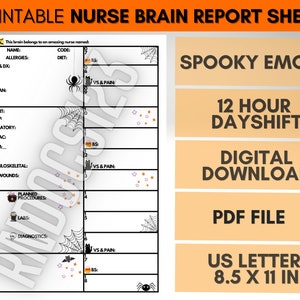 1 Patient Nurse Report Printable + Spooky Halloween Emojis, 12 Hour Dayshift, SBAR RN Handoff, Simple Full Patient Assessment, Clinical PDF