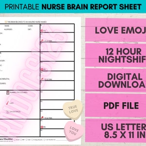 Medisch verpleegkundige hersenrapport + liefdes-emoji&#39;s, 12 uur nachtploeg, rapport verpleegkundige, verpleegkundig handje af, afdrukbare pdf, digitale download