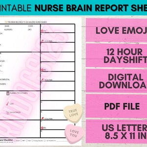 Medisch verpleegkundige hersenrapport + liefdes-emoji&#39;s, 12 uur dagdienst, rapport verpleegkundige, verpleegkundig handje af, afdrukbare pdf, digitale download