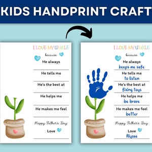 Puede incluir: Dos plantillas imprimibles para manualidades del D&iacute;a del Padre con huellas de manos. Una plantilla tiene indicaciones para completar, la otra tiene una huella de mano azul y indicaciones completadas. El texto dice "I Love My Uncle" y "Happy Father's Day".
