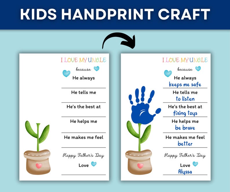 Puede incluir: Dos plantillas imprimibles para manualidades del D&iacute;a del Padre con huellas de manos. Una plantilla tiene indicaciones para completar, la otra tiene una huella de mano azul y indicaciones completadas. El texto dice "I Love My Uncle" y "Happy Father's Day".