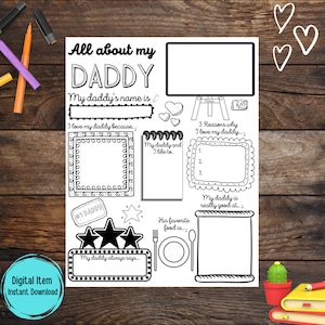 Plantilla imprimible "Todo sobre mi papá", regalo para el Día del Padre para papá de parte de los niños. Tarjeta de entrevista "Todo sobre mi papá".