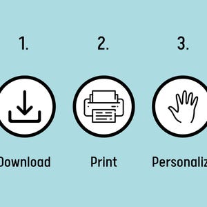 Puede incluir: Imagen con tres iconos circulares con contornos negros y fondos blancos. El primer icono muestra una flecha hacia abajo dentro de un cuadro, etiquetado como "Descargar". El segundo icono representa una impresora, etiquetada como "Imprimir". El tercer icono muestra una mano, etiquetada como "Personalizar".