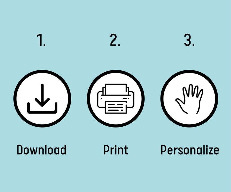 Puede incluir: Imagen con tres iconos circulares con contornos negros y fondos blancos. El primer icono muestra una flecha hacia abajo dentro de un cuadro, etiquetado como "Descargar". El segundo icono representa una impresora, etiquetada como "Imprimir". El tercer icono muestra una mano, etiquetada como "Personalizar".